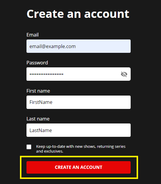 image of create an account button
