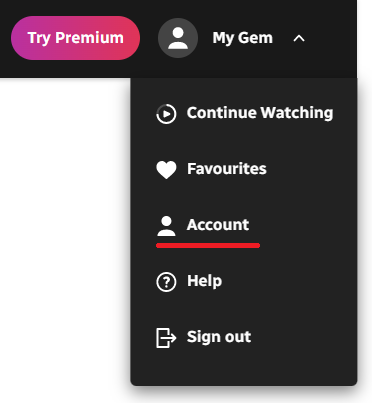 Dropdown menu showing: Continue watching, Favourite, Account, Help and Sign out