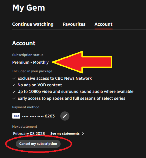 My Gem account page with red arrow pointing to subscription status. Below this, a circled cancel my subscription button