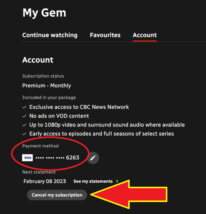 Gem Account page - Arrow pointing to Cancel my subscription button at bottom of page.