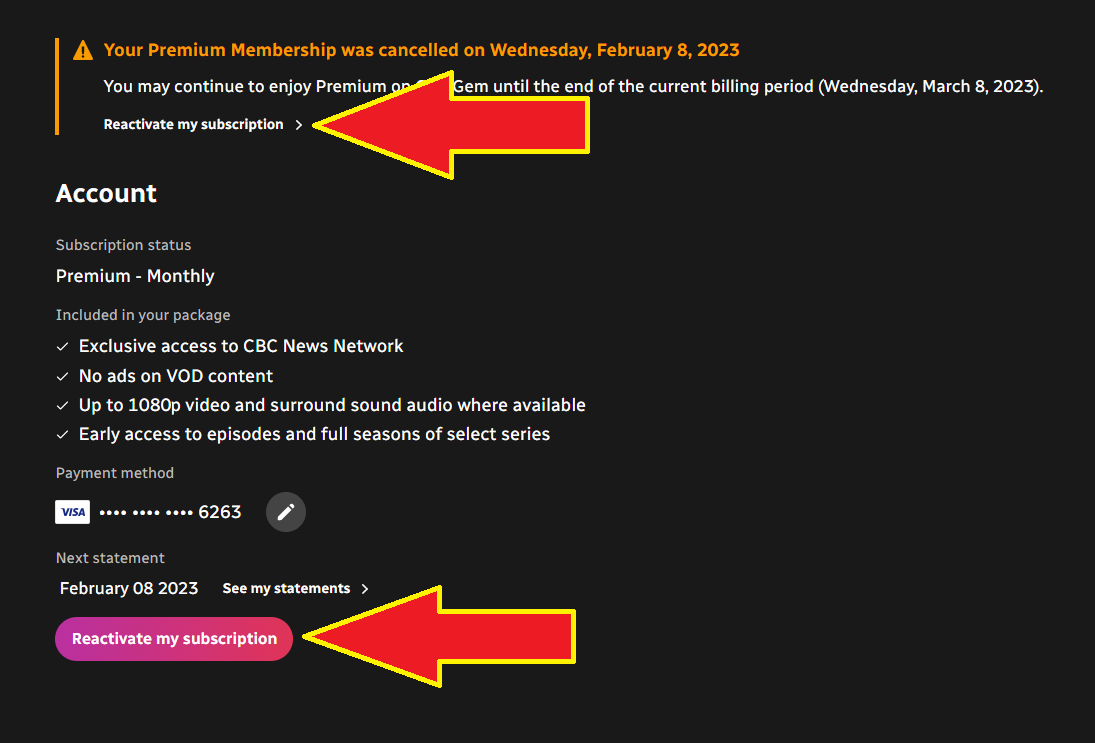Account page with two arrows pointing to reactivate my subscription buttons.