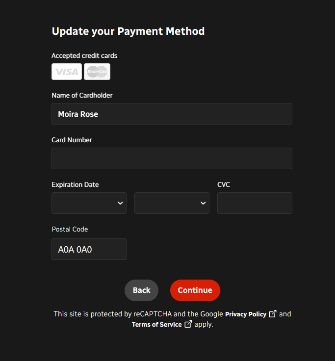 Box showing the update your payment method text fields