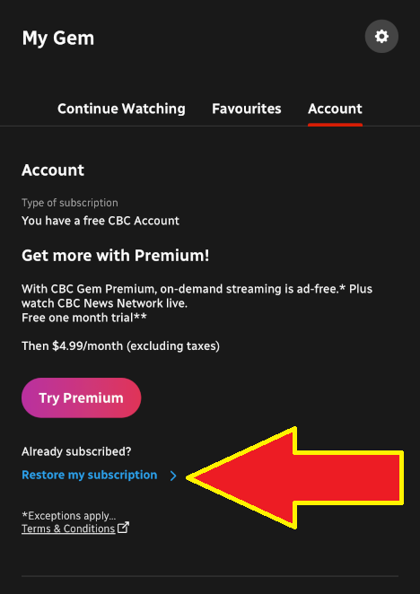 Arrow showing Restore my subscription link near bottom of My Gem account tab in iOS
