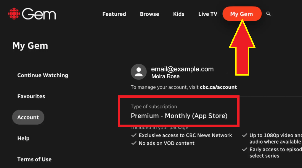 Arrow points to My Gem tab on the right in web browser. Subscription type is listed below email.