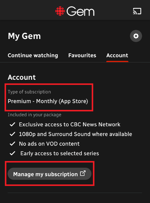 Gem account tab - Manage subscription button at bottom