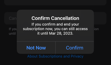 Confirm Cancellation options: Not now or Confirm