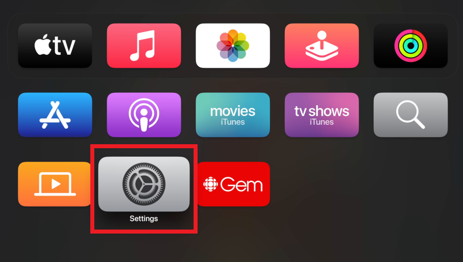 Apple TV home screen with settings app highlighted