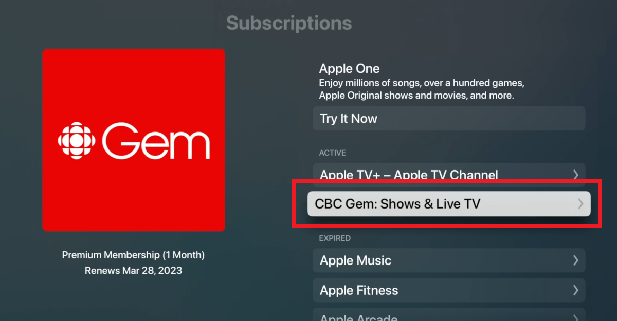 Subscriptions page - CBC gem is selected