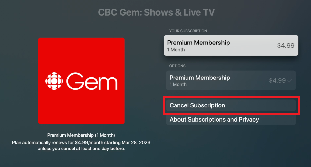 Gem subscription page - Cancel subscription is highlighted