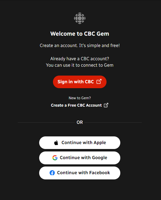 CBC Gem Sign in page