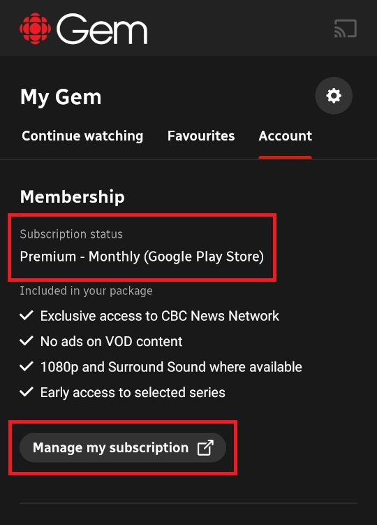 Gem account page with manage subscription button at bottom