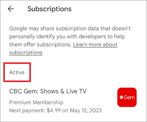 Google Play Store - Active subscriptions page