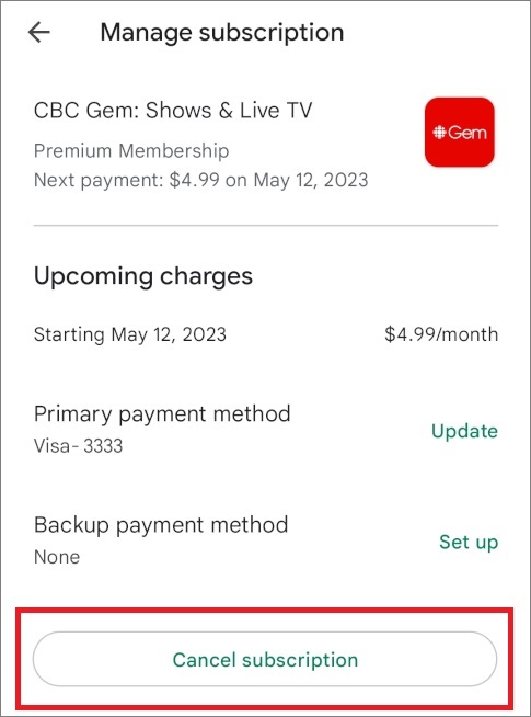 Play Store Gem subscription management page.