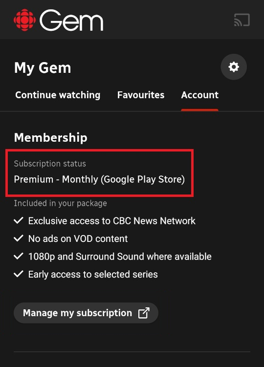 My Gem tab in app showing subscription status via google play store.