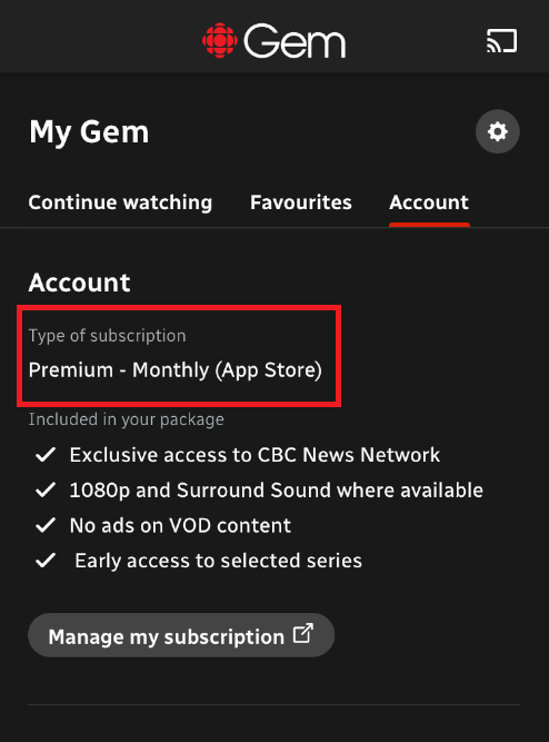 Gem account page showing subscription status of Premium - monthly (Apple App Store)