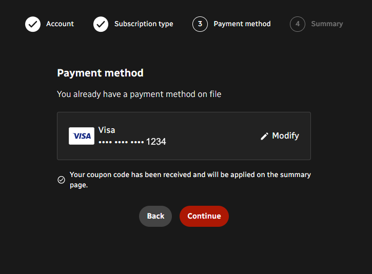 Step 3: page confirming payment method