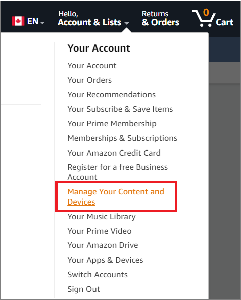 Screenshot of Amazon My Account options.