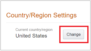 Screenshot of Amazon Country and Region settings.