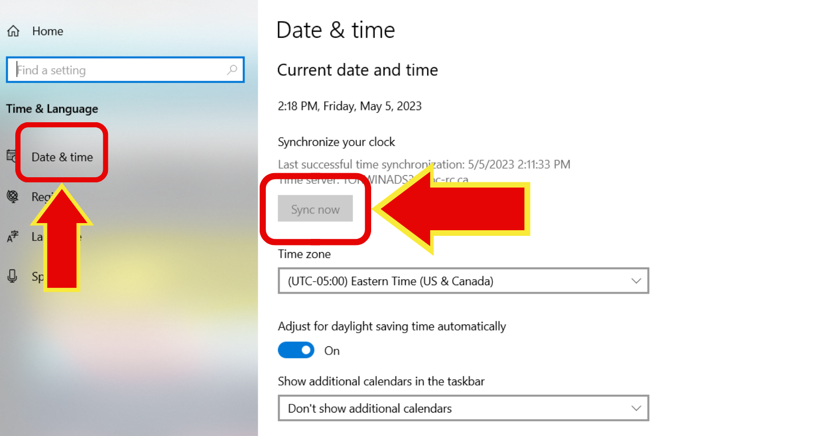 Screenshot of Windows 11 Date and Time section.