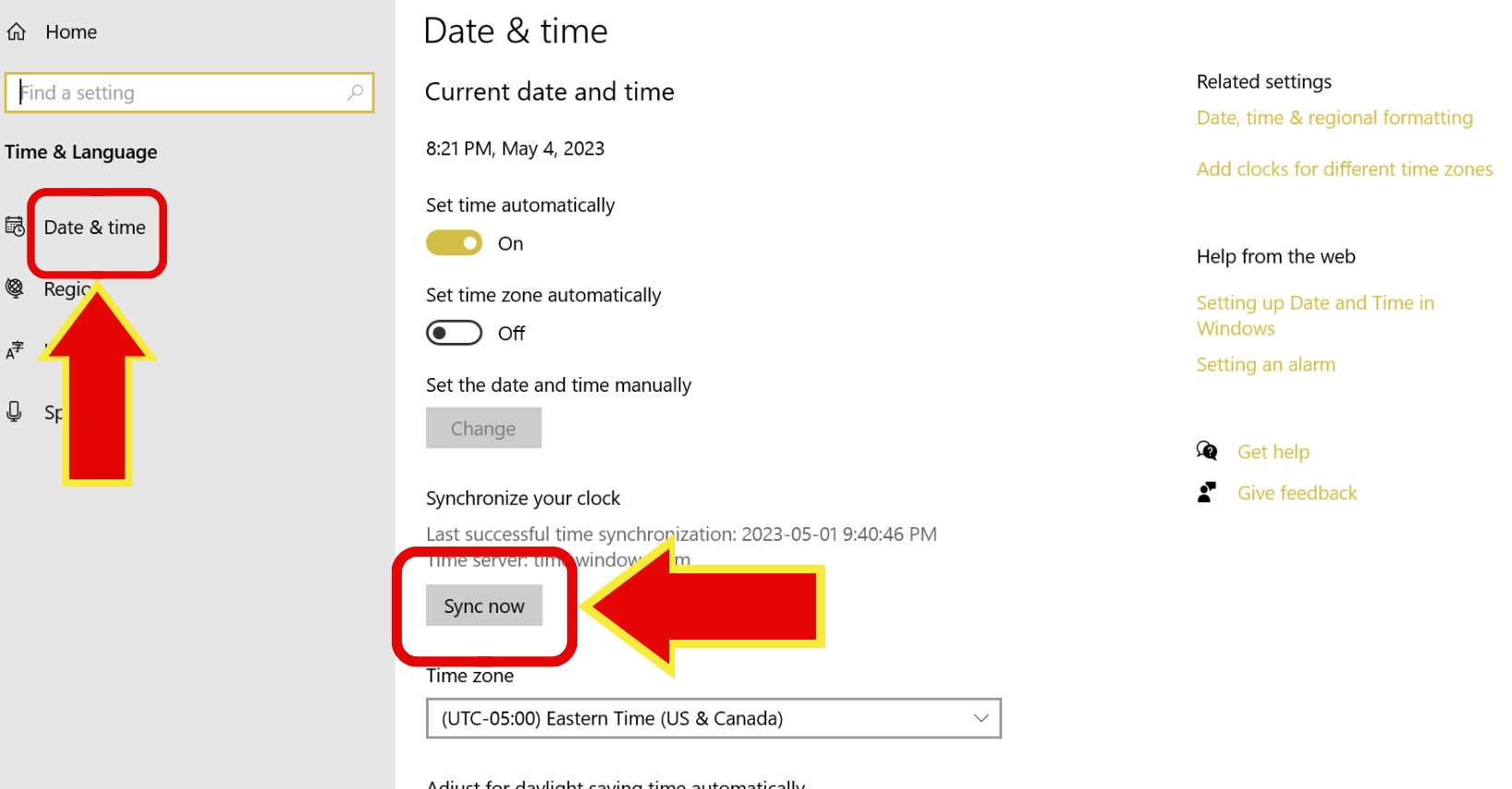 Windows 10 Date and Time section