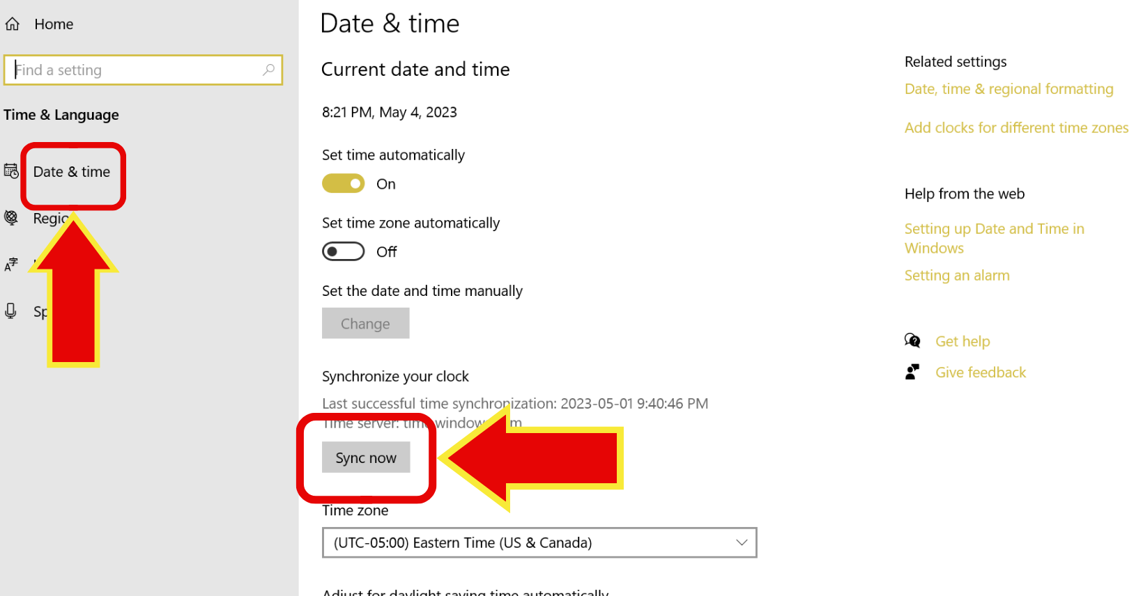 Screenshot of Windows 10 Date and Time section.