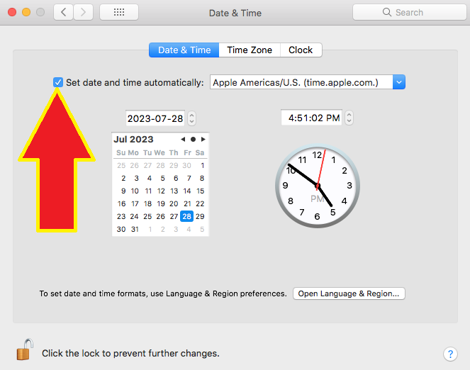 Screenshot of older Mac Date and Time section.