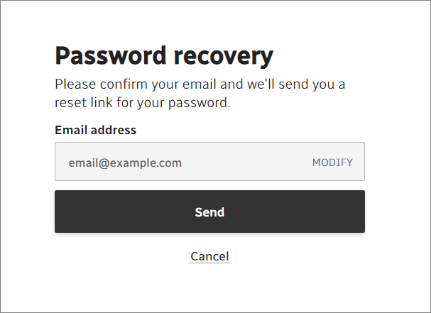 Screenshot of password recovery screen.