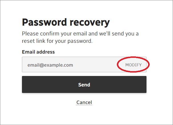 Screenshot of password recovery screen.