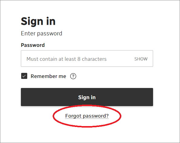 Screenshot of forgot password button.