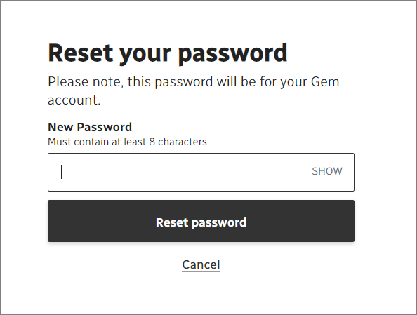 Screenshot of reset password screen.