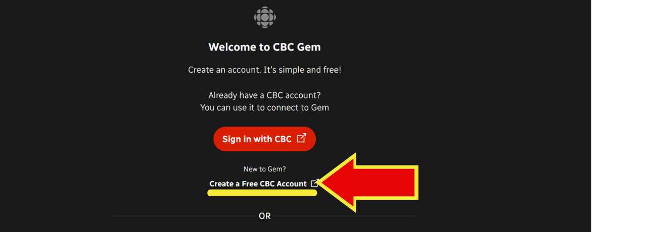 Arrow pointing to - create a free CBC account below sign in with CBC button.