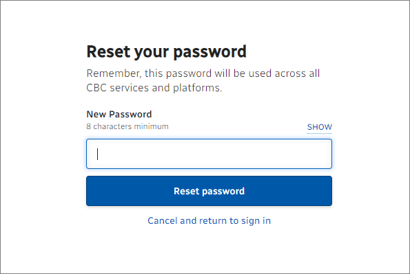 Screenshot of reset password screen.