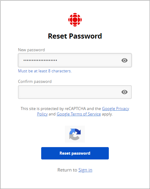 Screenshot of reset password screen.