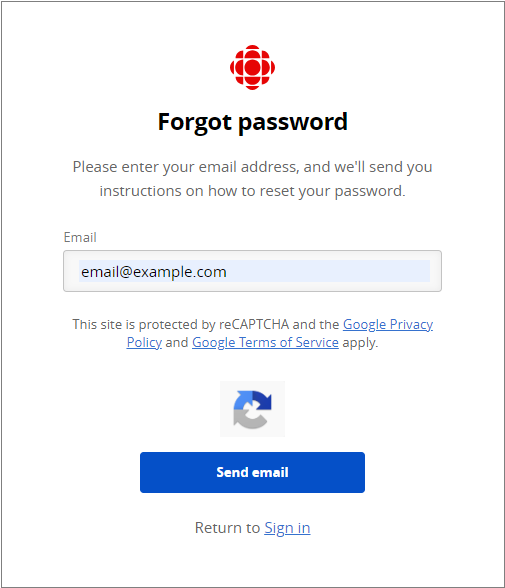 Screenshot of forgot password screen.