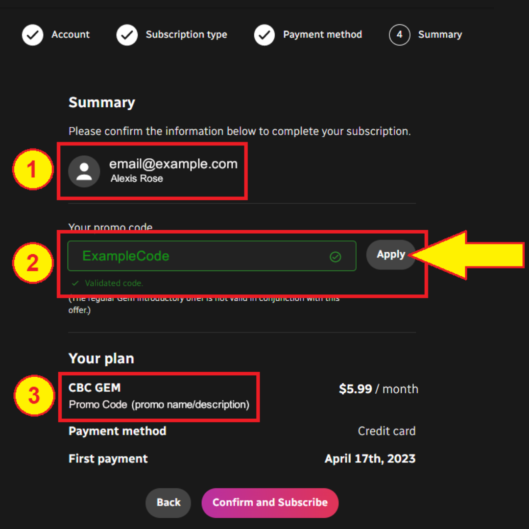 Step 4: Transaction summary Page listing email, coupon code and plan type.