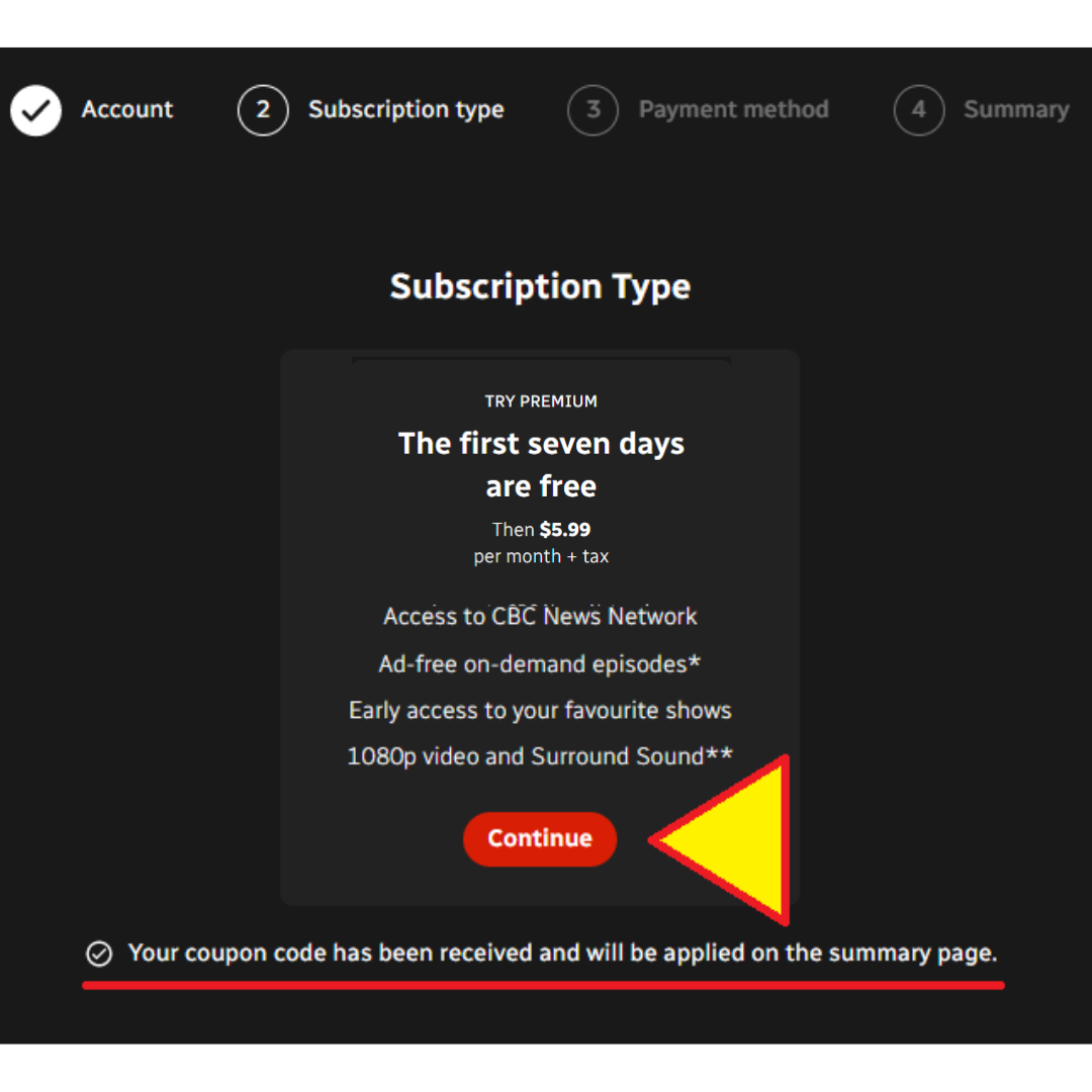 Step 2: Confirming subscription type (Free Trial)