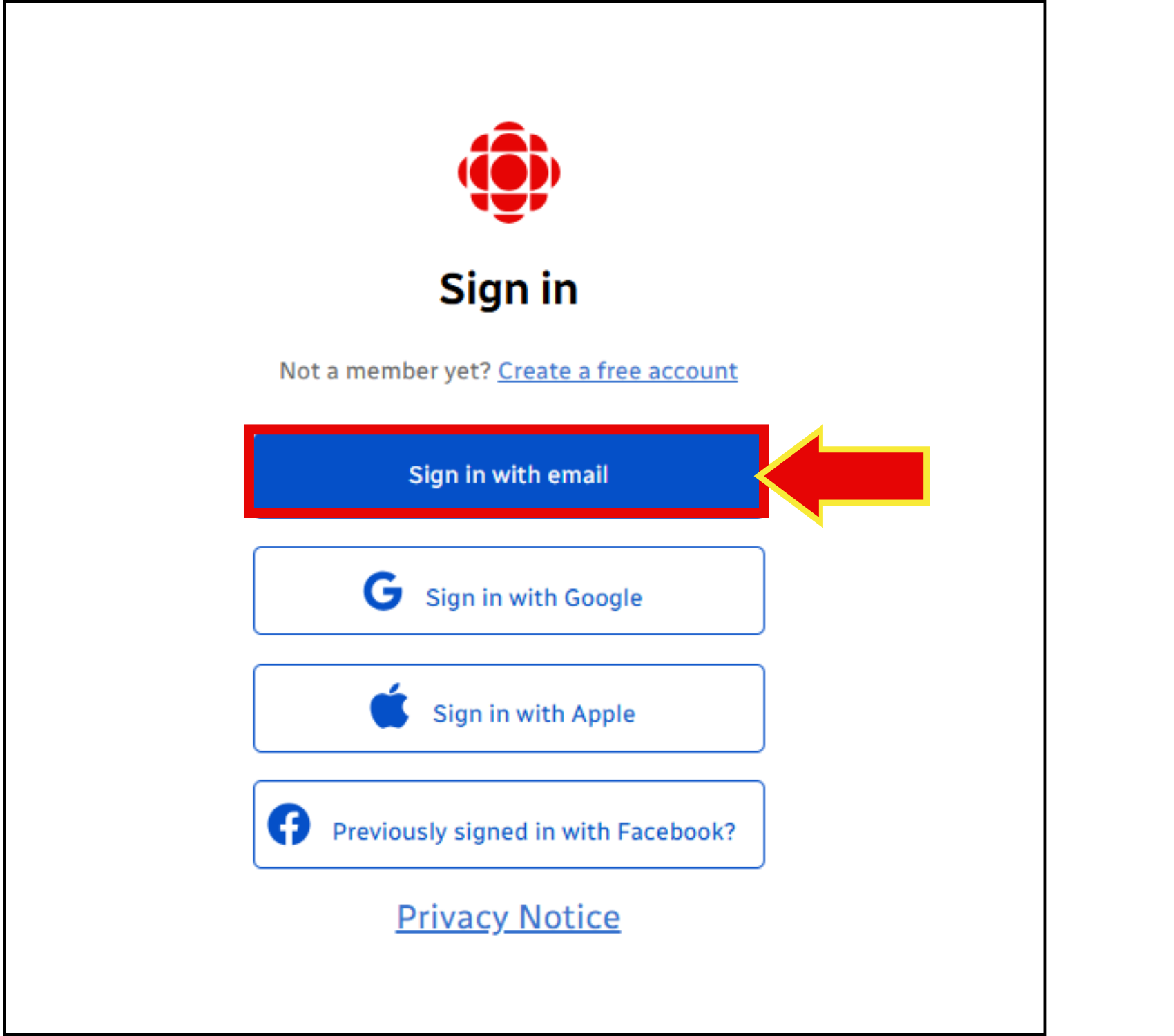 Screenshot of sign in button.