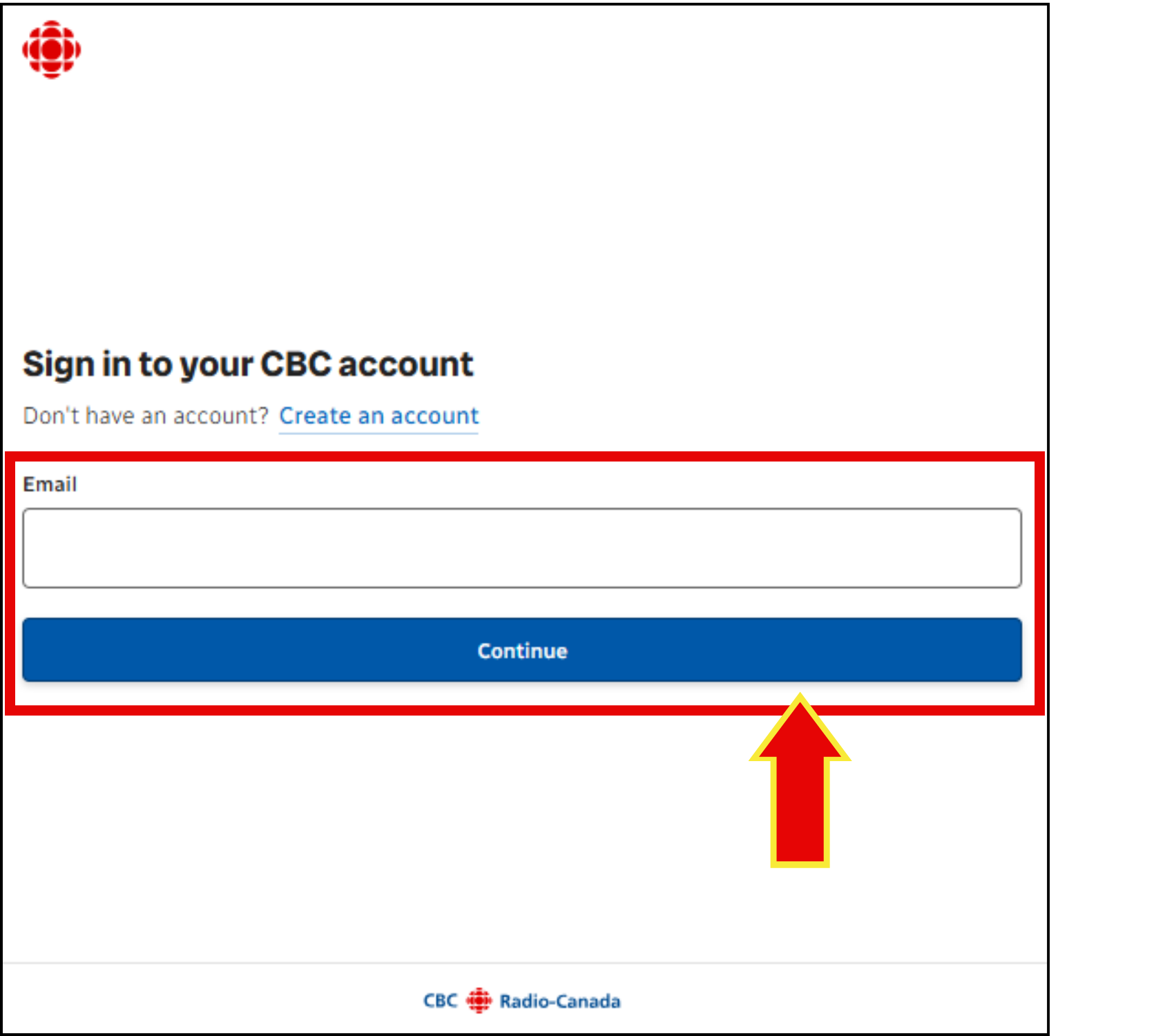 Screenshot of email field and continue button.