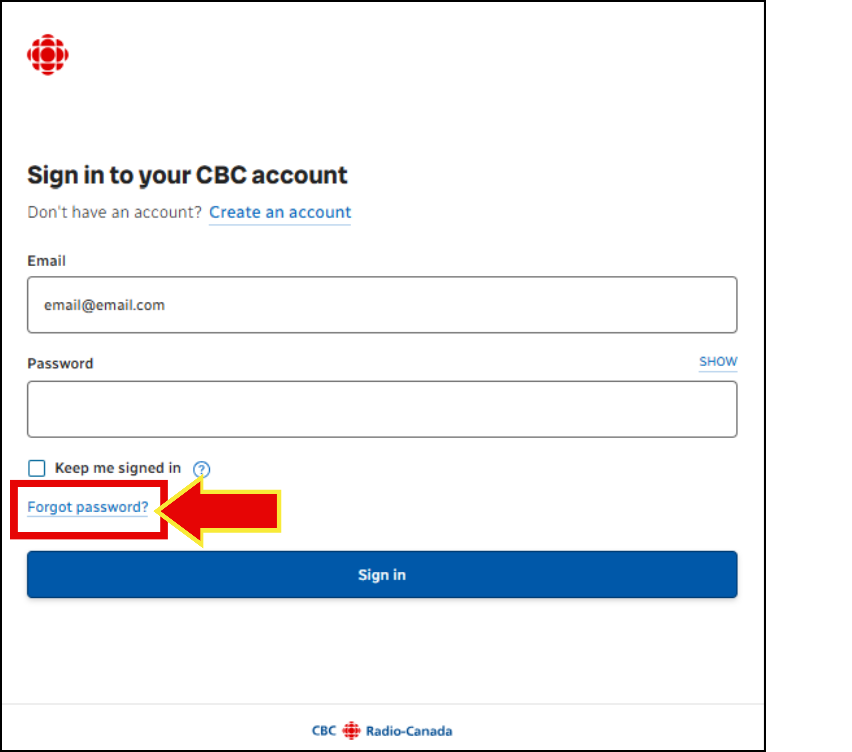 screenshot of forgot password button