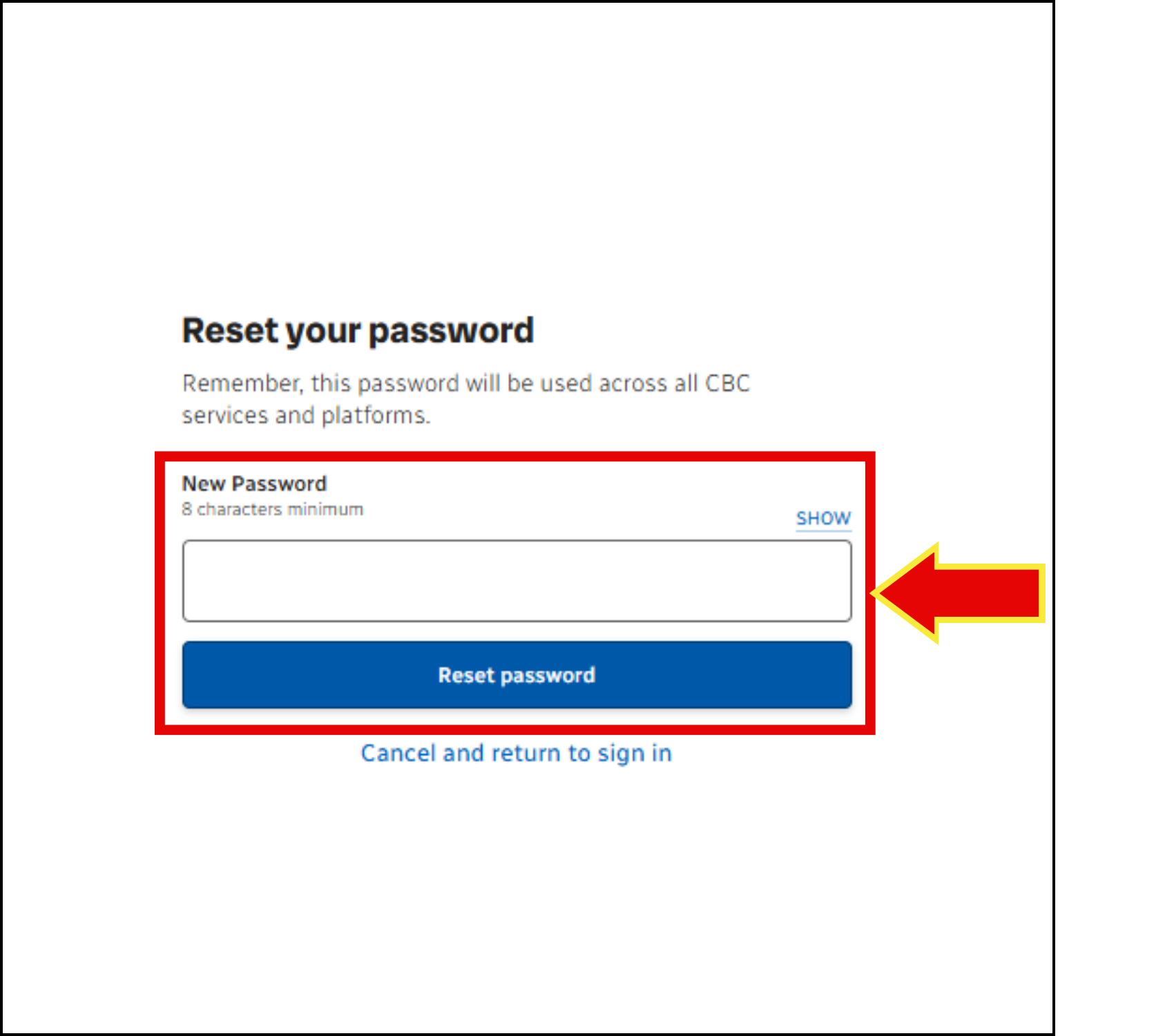screenshot of password reset field and button.