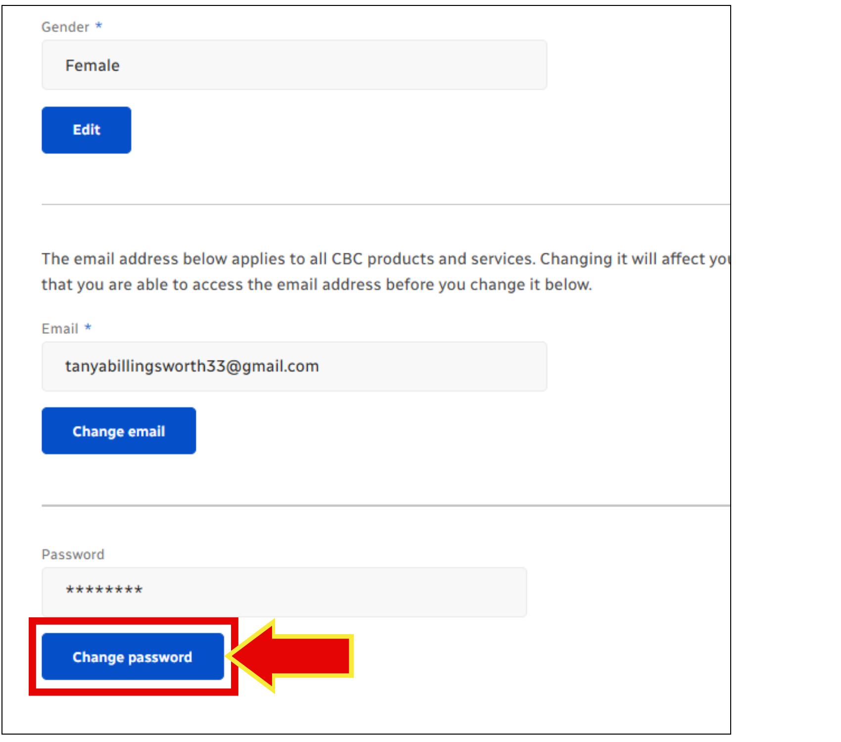 Screenshot of change password button.