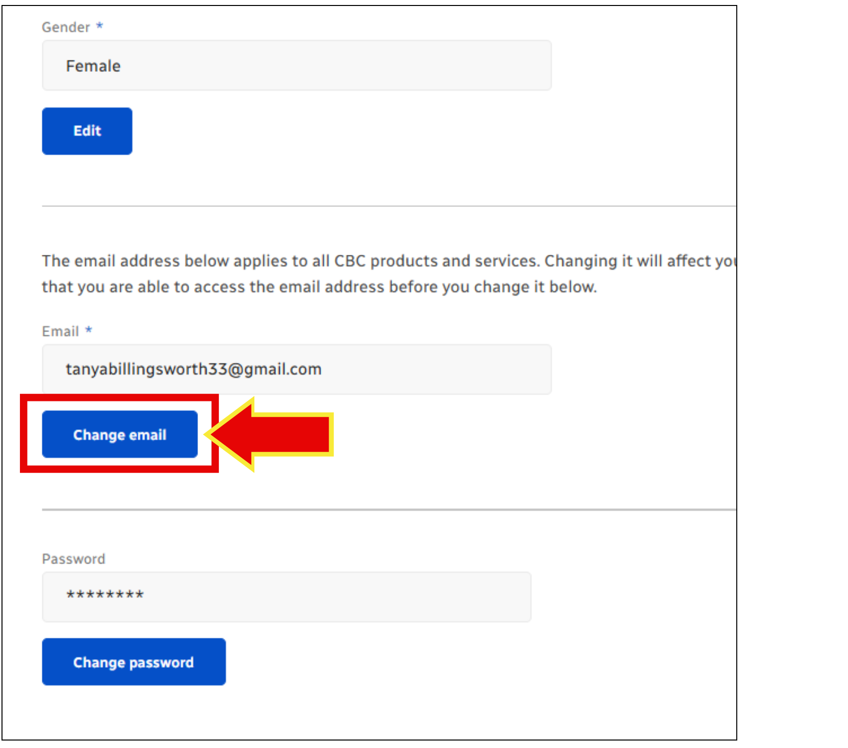 screenshot of change email button.