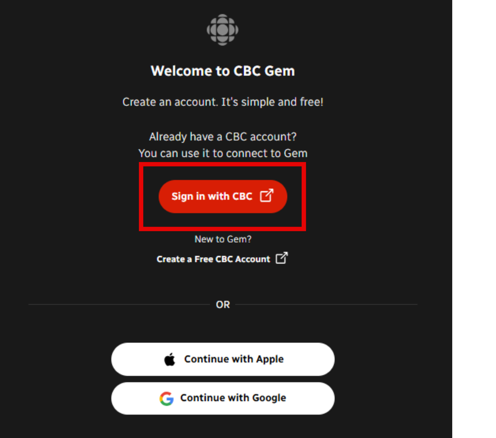 Screenshot of sign in with CBC button