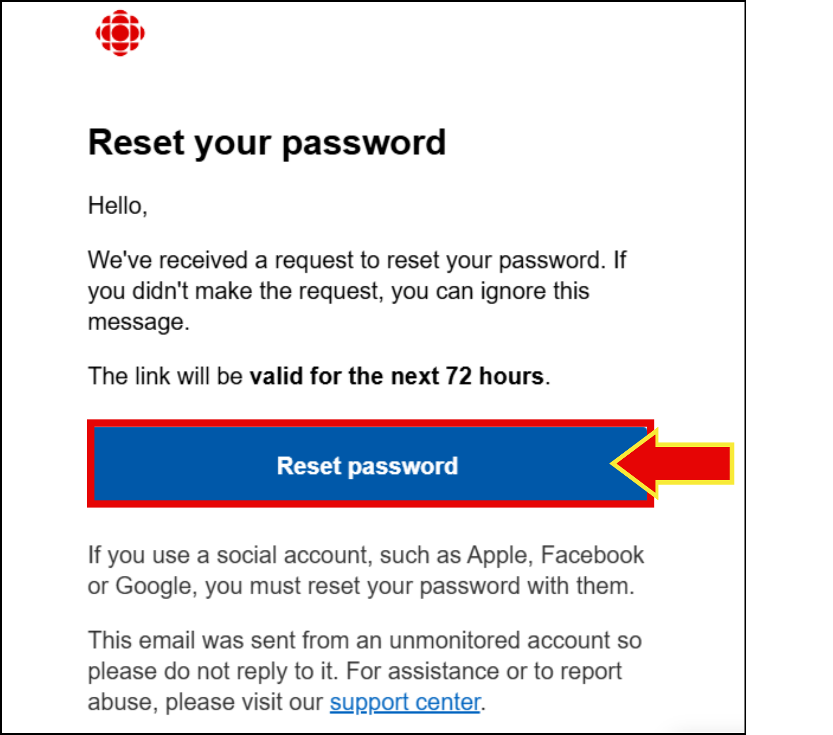 screenshot of reset password email.