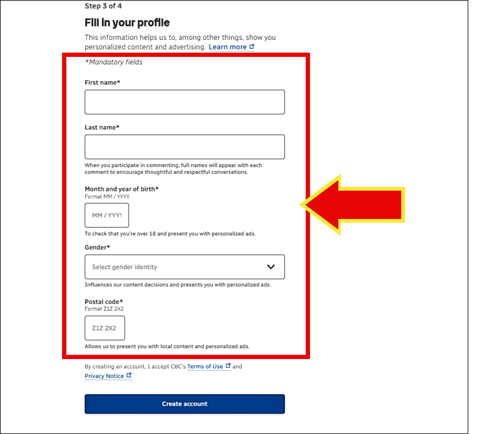 Arrow pointing to mandatory fields.