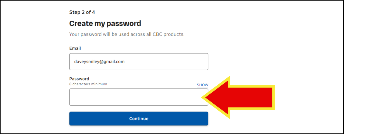 Screenshot of the create my password page