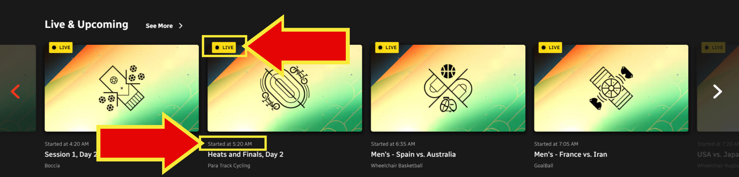 Screenshot of Live and Upcoming section with Live badge and start time highlighted.