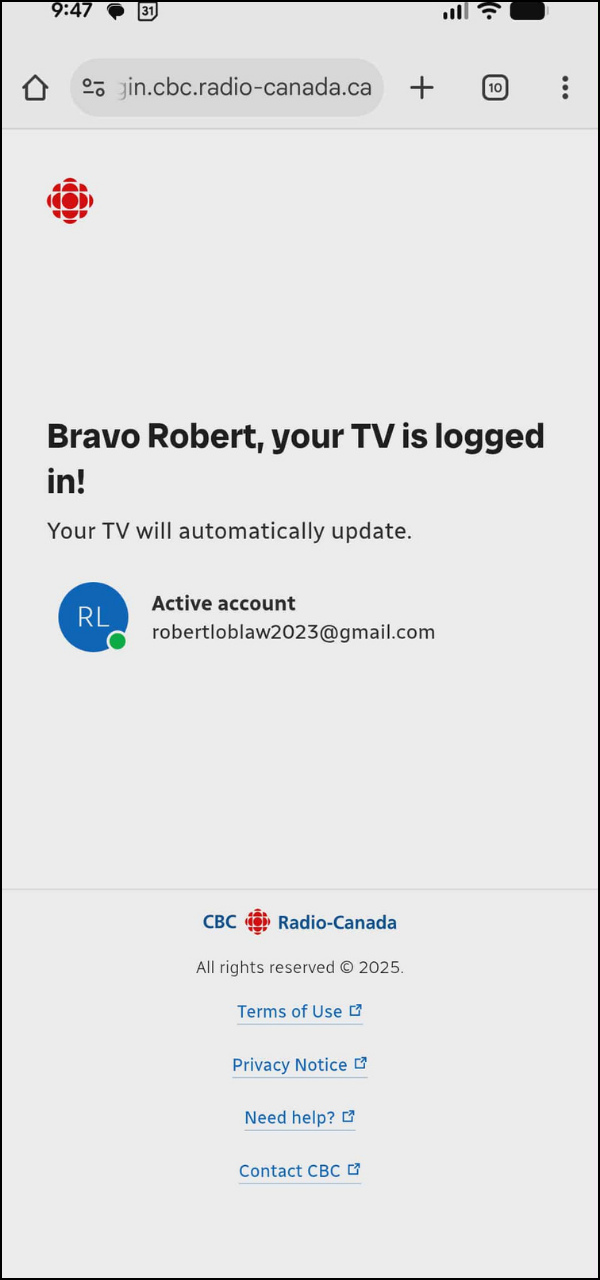 Screenshot of successful sign in.