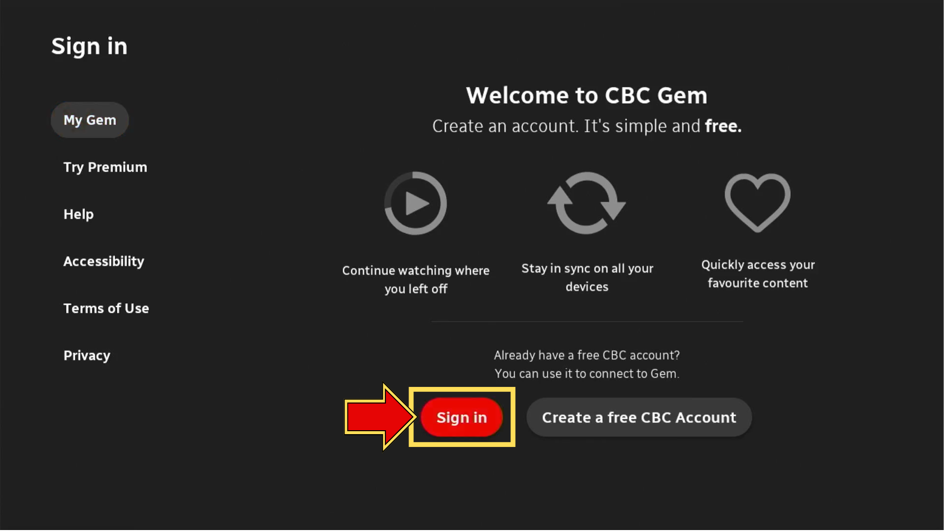Screenshot of sign in button.