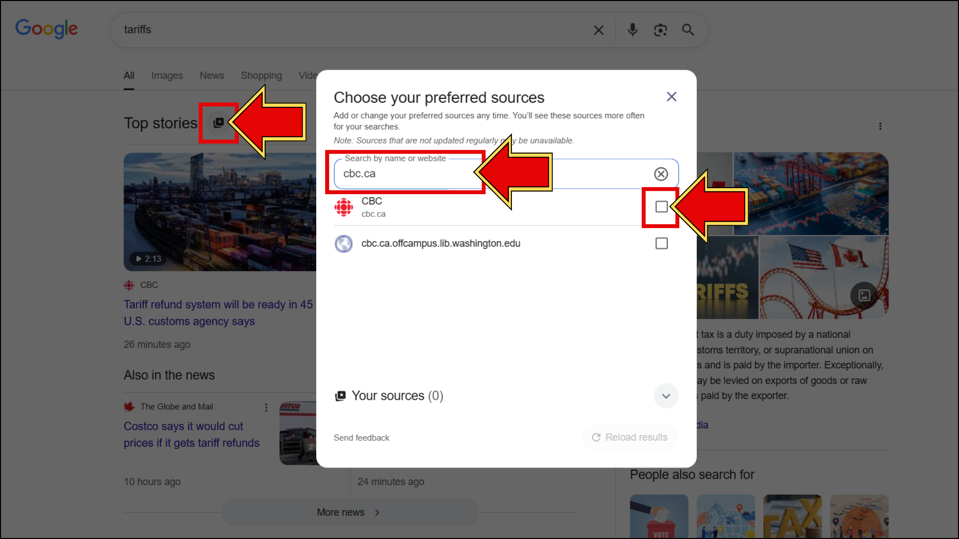 screenshot of preferred sources popup